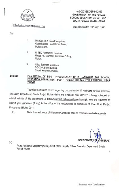 Evaluation of Bids-Procurement of IT-Hardware for School Education Department South Punjab Multan for F.Y 2021-22-1